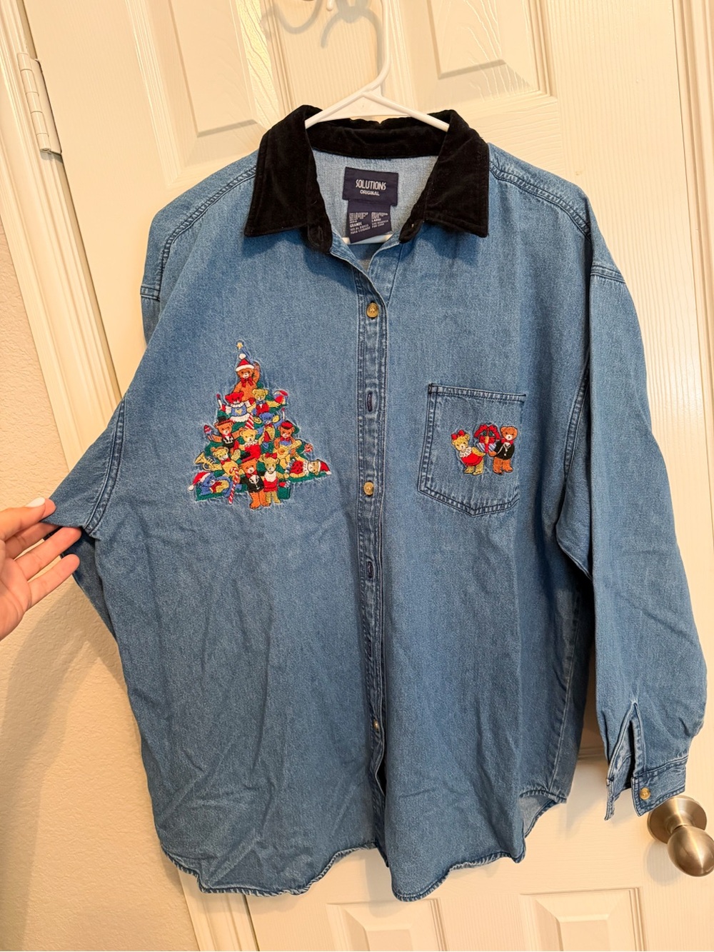 Vintage Solutions Original Christmas Teddy Bear Embroidered Denim Shirt L